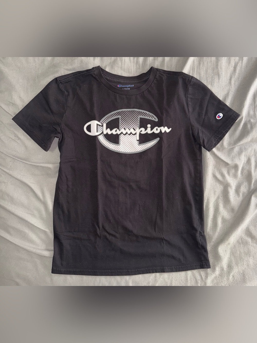 Champion Big C Logo T Shirt Youth M 10/12 Black Gray Graphic Short Sleeve